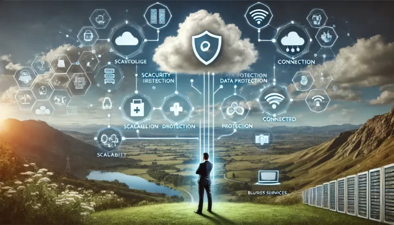 Professional landscape image representing the process of choosing a cloud provider, with cloud infrastructure, security shields, and connected business services for scalability and data protection.