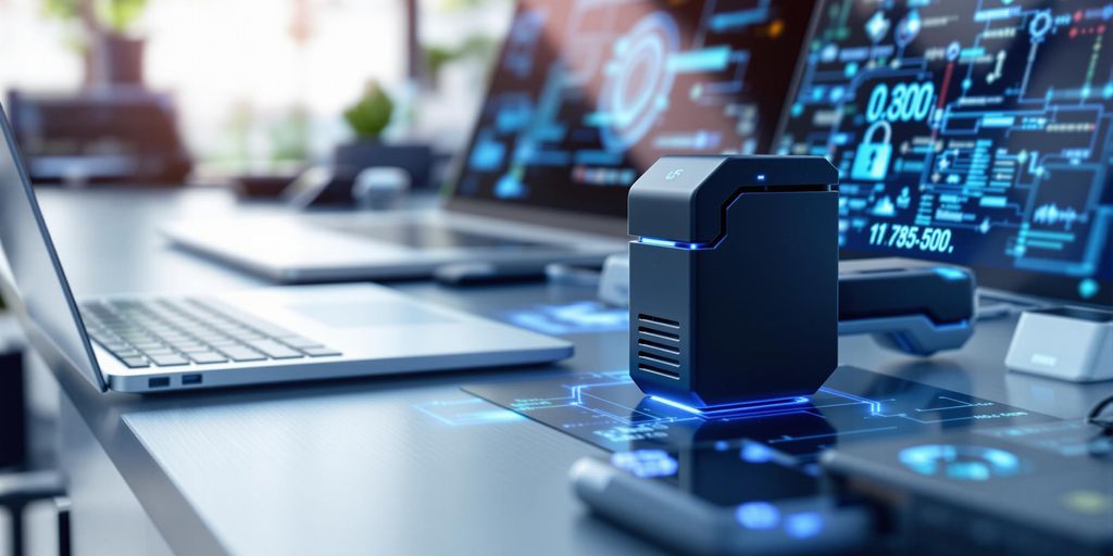 Advanced cybersecurity tools on a sleek modern desk.