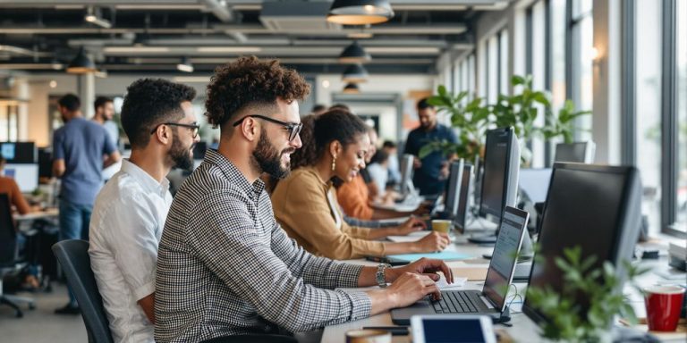 Diverse team collaborating in a modern office setting.