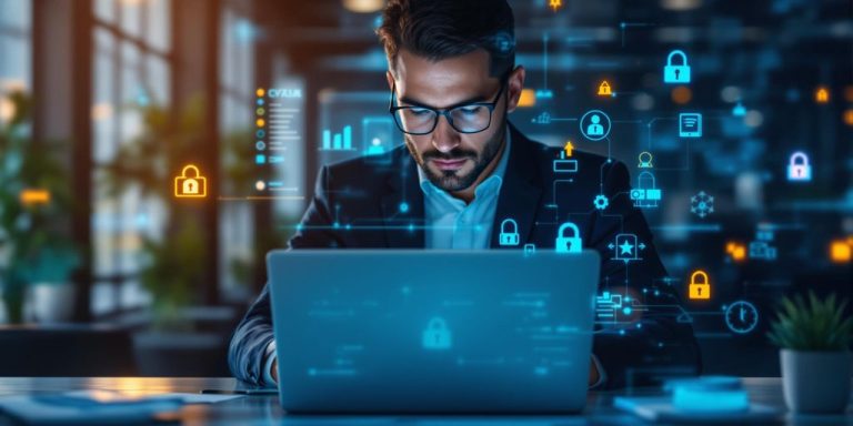 Cybersecurity expert analyzing data on a laptop.