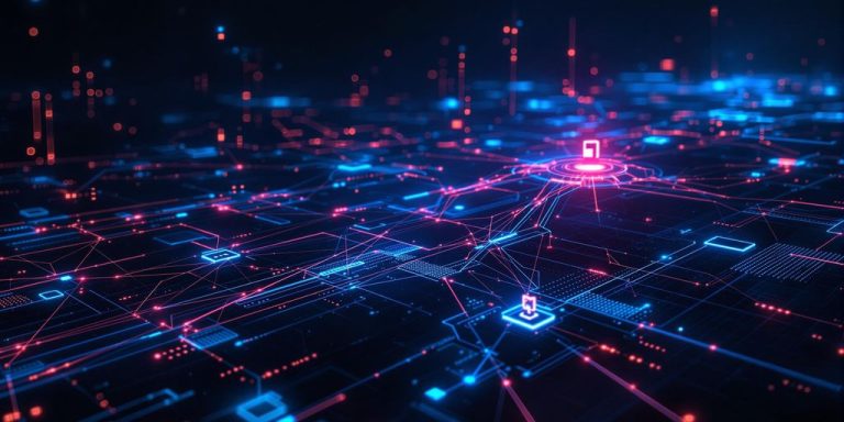 Futuristic digital landscape with interconnected devices and nodes.