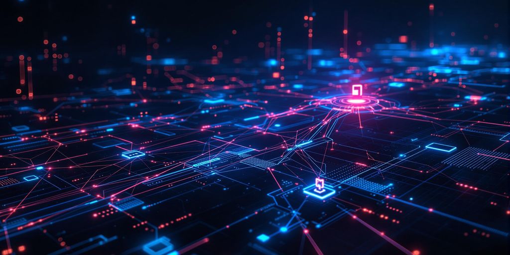 Futuristic digital landscape with interconnected devices and nodes.