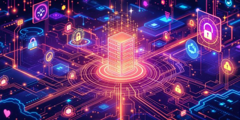 Digital landscape with servers and cybersecurity icons.